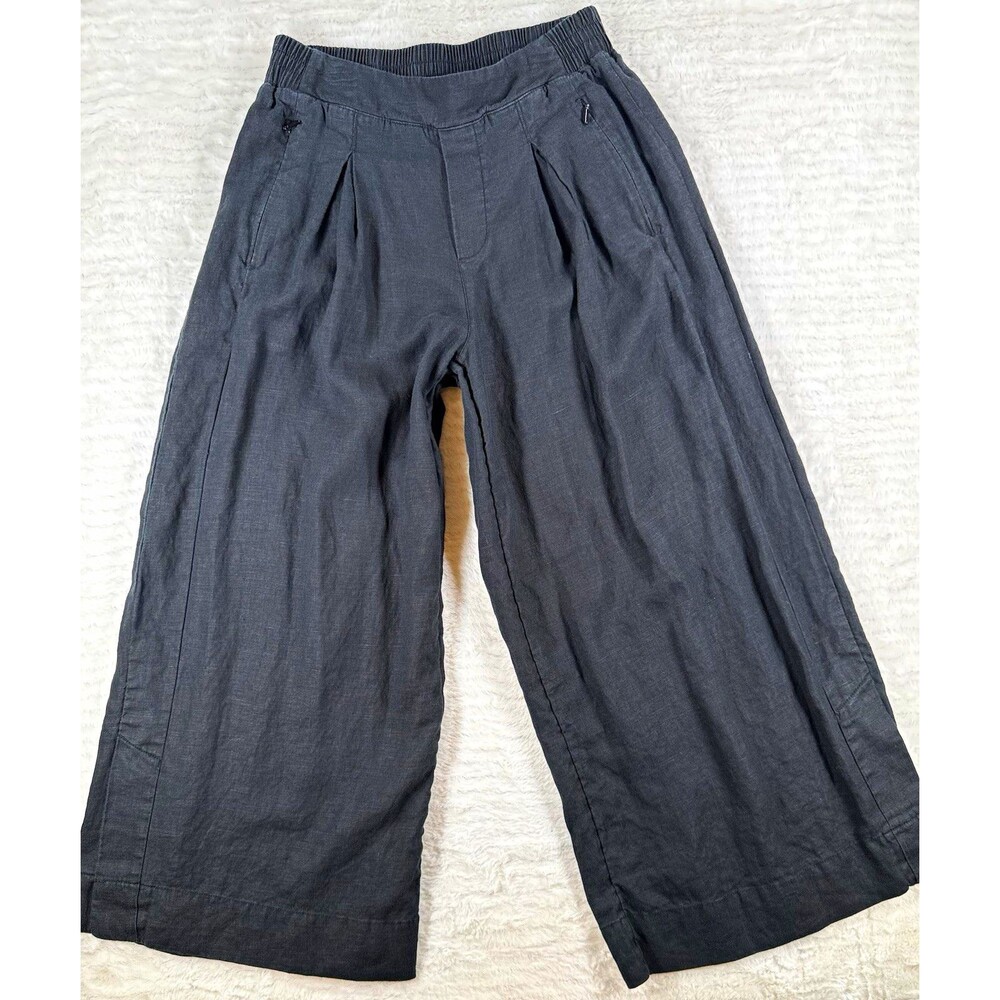 Athleta Brooklyn Heights Pleated Wide Leg Crop Pants Black Women's Size 4 Linen